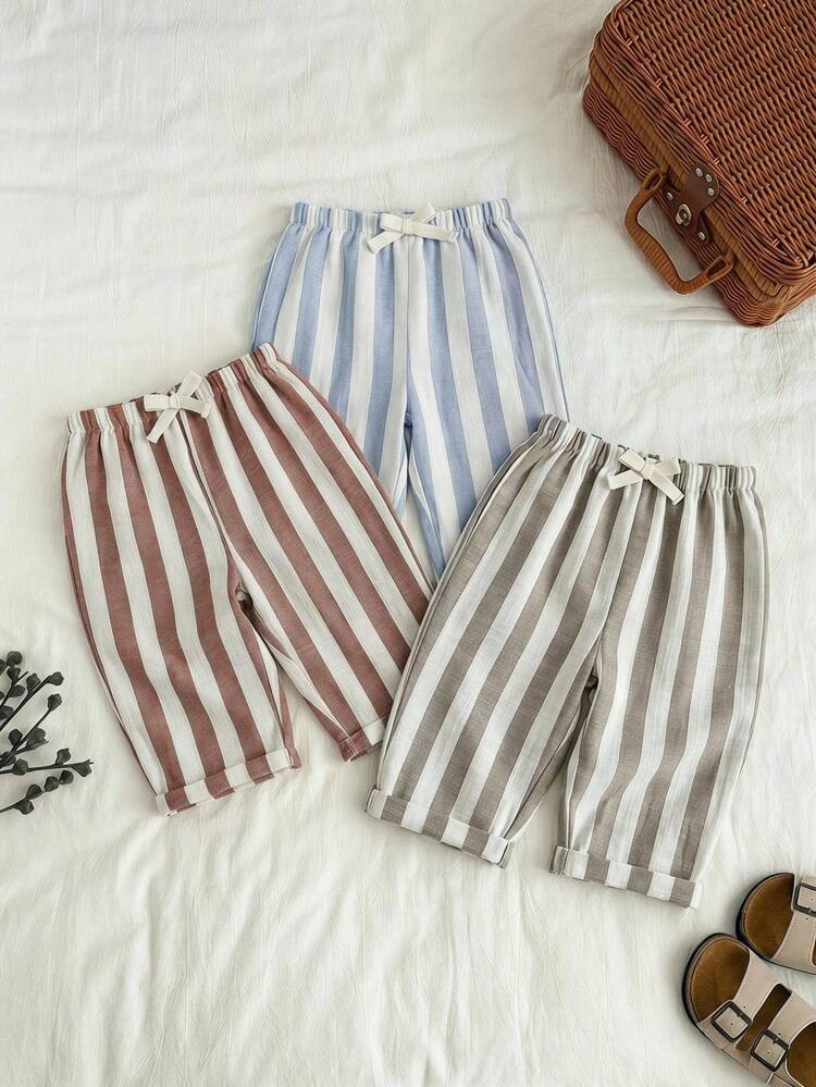 SHEIN 3pcs/Set Unisex Baby Clothes, Baby Boy Casual Cute Versatile Striped Ribbon Decor Elastic W... | SHEIN