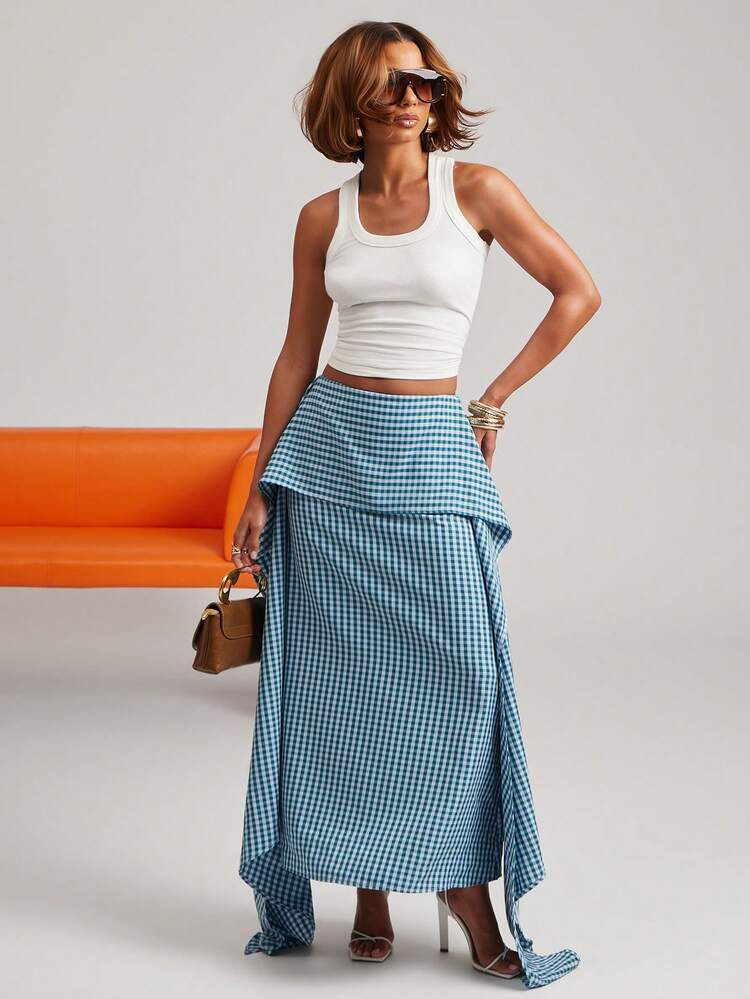 NYA SZN Skirt Maxi Length Gingham Tiered Layered Fit And Flare Plaid Picnic Brunch Casual Everyda... | SHEIN