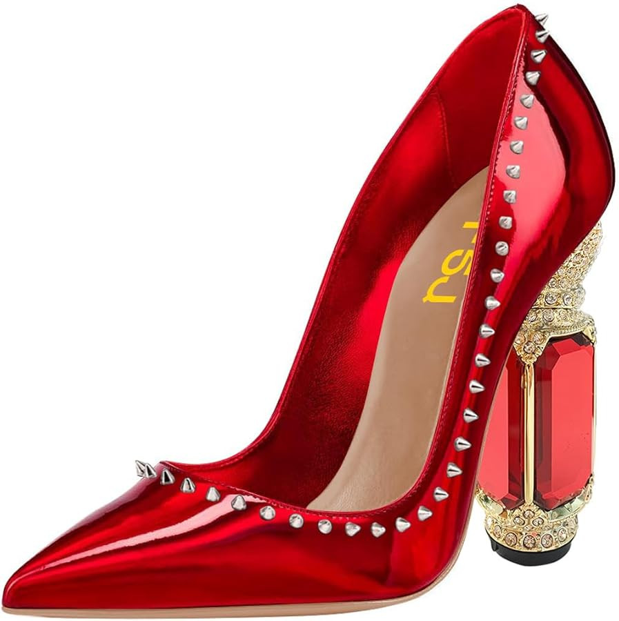 FSJ Women Bridal Pointed Toe Chunky Block High Heel Crystal Pumps Slip on Wedding Thick Comfort E... | Amazon (US)