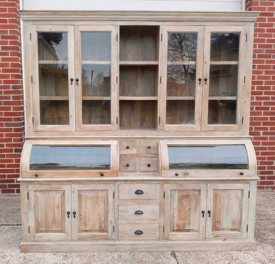 Driftwood Finish Kitchen Pantry Large Cupboard Solid Wood Buffet 2 Piece Hutch Curved Glass Door ... | Etsy (US)