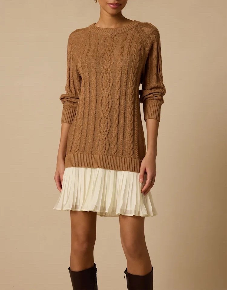 The Alvie Light Brown Cable Knit Drop Waist Sweater Dress brings cozy sophistication to cold-weather dressing with its soft cable-knit texture and relaxed drop-waist silhouette. The warm light brown hue gives this sweater dress an effortlessly refined feel, while the midi length makes it easy to style with boots and layered accessories. Perfect for autumn strolls, coffee dates, casual dinners, or an elevated everyday look. Under $70.

Ideas:

* cozy fall outfit
* elevated everyday style
* chic coffee date look
* autumn dinner outfit
* sophisticated sweater dress

Keywords:

* brown sweater dress
* cable knit sweater dress
* drop waist sweater dress
* knit midi dress
* brown knit dress
* fall sweater dress
* autumn outfit
* cozy fall fashion
* knit dress
* long sleeve sweater dress
* casual fall dress
* coffee date outfit
* fall date night outfit
* neutral fall fashion
* women’s fall fashion

#LTKootd #LTKgrwm #LTKWedding