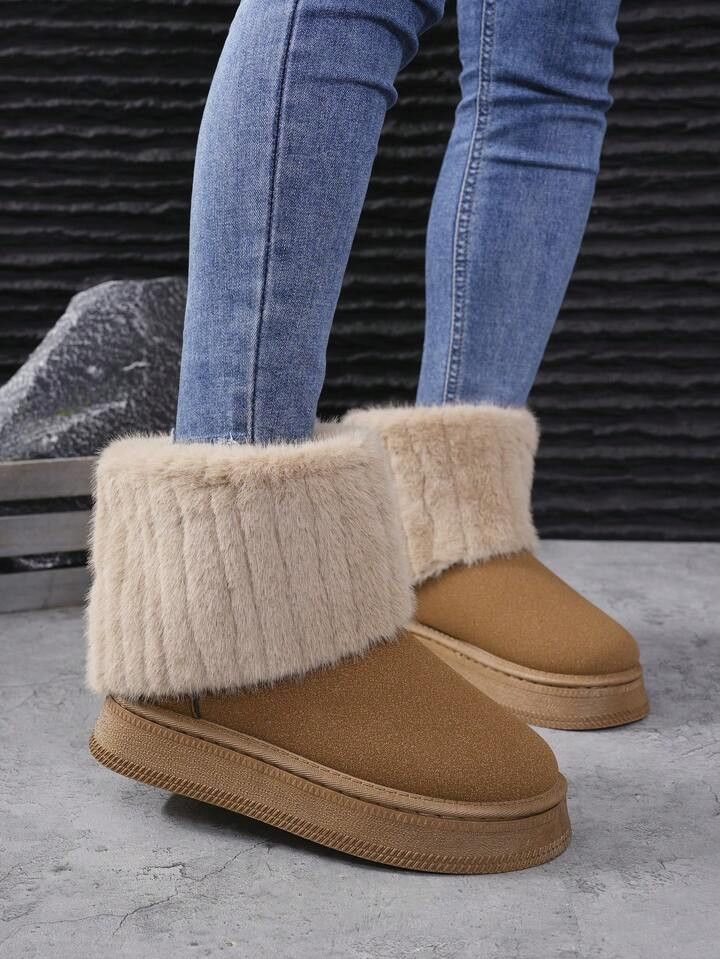 2024 Fall/Winter New Camel Snow Boots For Women, With Plush Thickened Base And Short Fluffy Boots | SHEIN