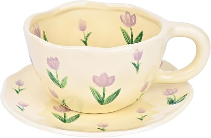 Koythin Ceramic Coffee Mug with Saucer, Cute Flower Cup for Office and Home, 8.5 oz/250 ml for La... | Amazon (US)
