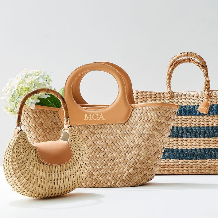 Leather Circle Handle Straw Beach Bag | Mark and Graham