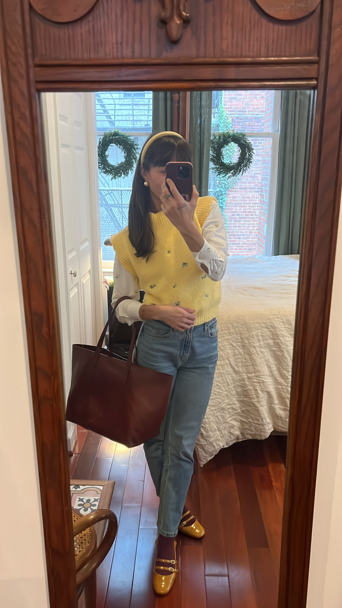 Cute everyday winter outfit - sweatervest and embroidered shirt with flowers, plus my favorite maryjanes and burgundy work tote! 

 #LTKGiftGuide #LTKHoliday #LTKSeasonal