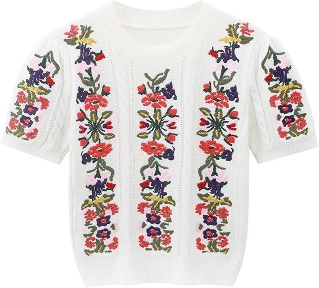 Women's Summer Tops Vintage Elegant Embroidered Knitted Puff Sleeve O-neck Tops Pullovers Knitwea... | Amazon (US)