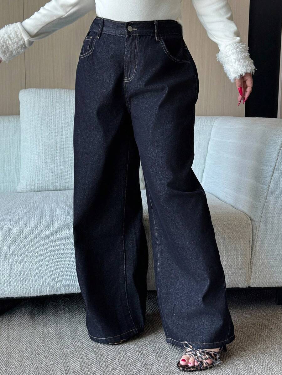 Dazy Plus Dark Wash Blue Waistband Patchwork Drawstring Straight Leg Long Jeans, All Season Baggy... | SHEIN