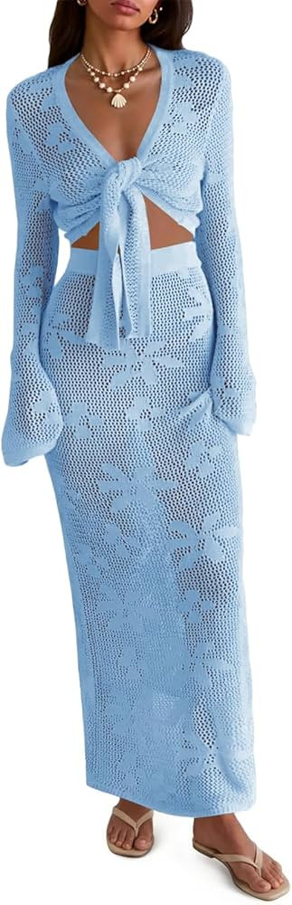 Women's 2 Piece Crochet Swim Cover Up Set - V Neck Long Sleeve Wrap Tie Crop Tops Boho Maxi Beach... | Amazon (CA)