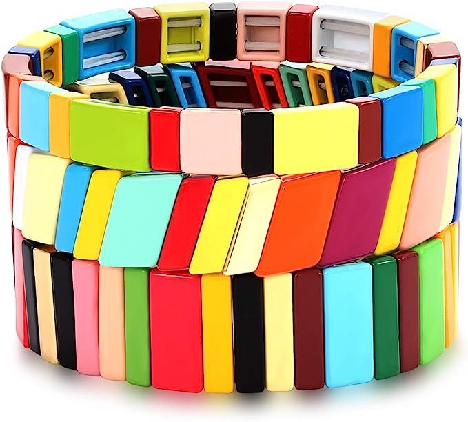 NVENF Tile Bracelets Enamel Rainbow Tile Bead Bracelets Colorblock Stackable Stretch Bracelets Bo... | Amazon (US)