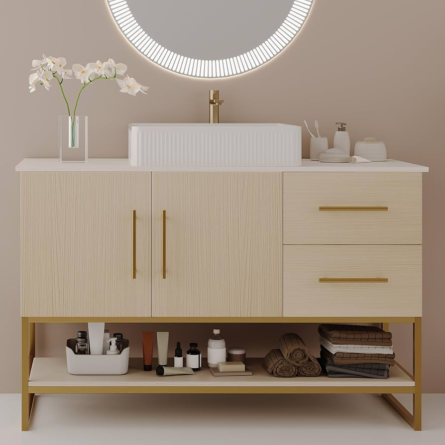 Glintee 48" Bathroom Vanity, Square Ceramic Sink, White Oak, Gold Frame, | Amazon (US)