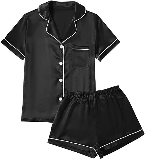 LYANER Women's Satin Pajamas Set Short Sleeve Button Shirt Silky Sleepwear With Shorts Set PJ | Amazon (US)