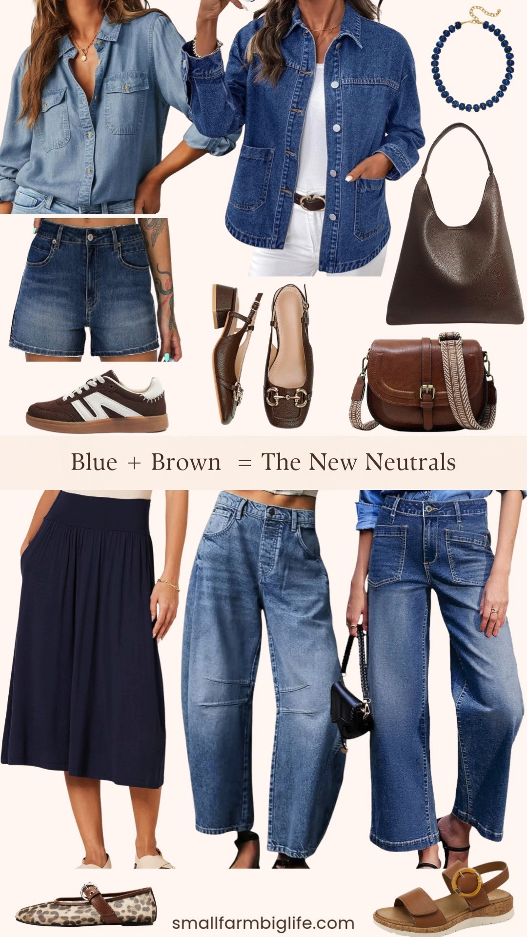 Blue and brown might be my new favorite neutral combo 🤎💙 The mix of denim, warm brown bags and shoes, and a few classic accessories makes these outfits feel effortless and easy to wear. I’m linking some great pieces including wide leg and barrel jeans, a denim jacket and shirt, classic brown bags, sandals, Mary Janes, and leopard flats that all work beautifully with this color pairing. 

 #LTKgrwm #LTKootd #LTKOver40