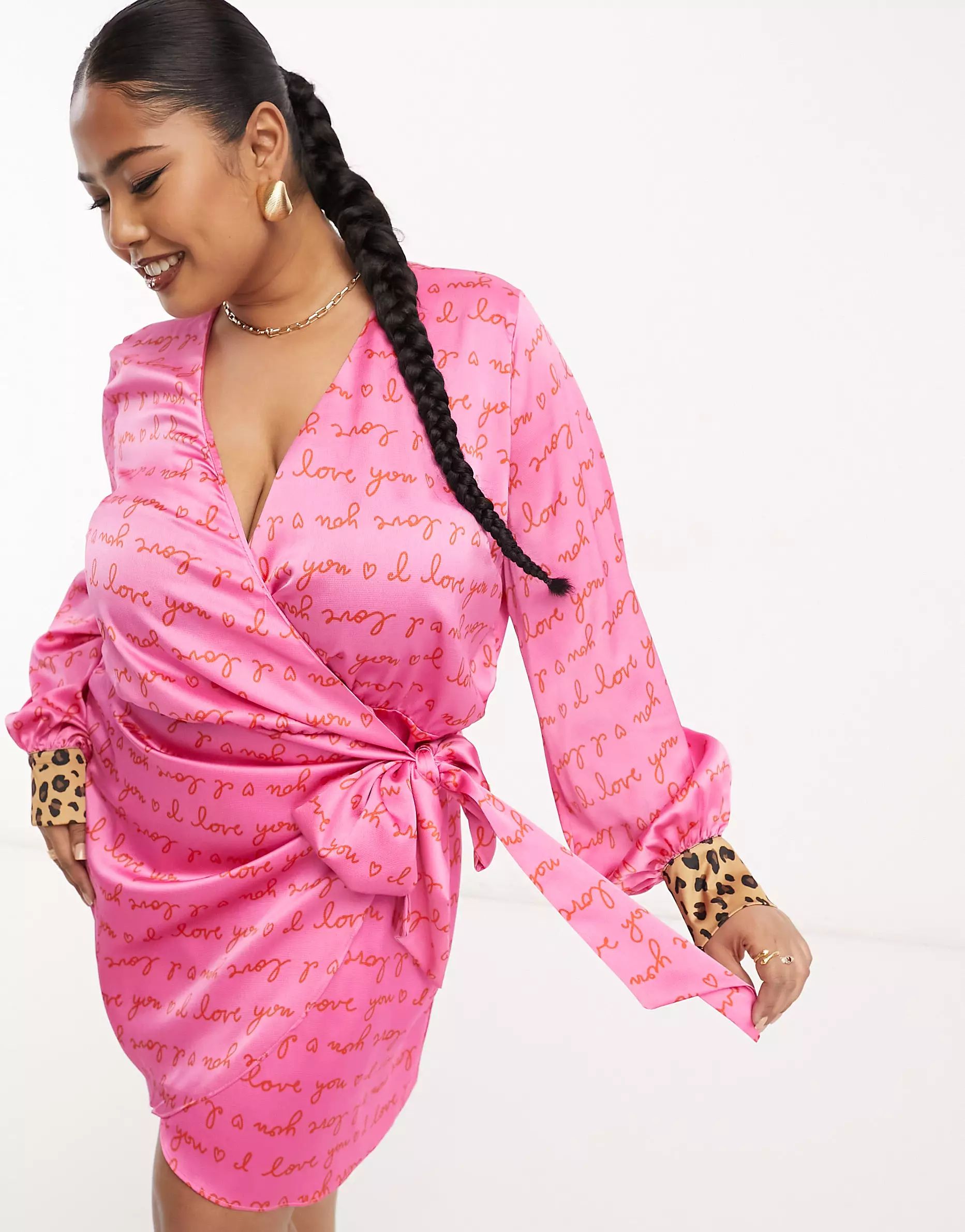 Never Fully Dressed Plus love print wrap mini dress in pink and red | ASOS (Global)