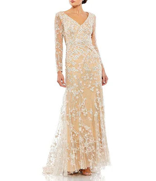V-Neck Illusion Long Sleeves Embroidered Mesh Trumpet Gown | Dillard's