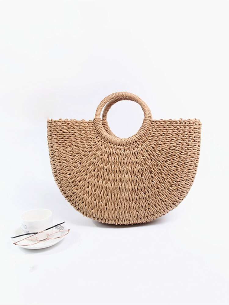 Handmade Bag for Women Beach Weaving Straw Bag Wrapped Beach Bag Moon shaped Top Handle Handbag
 ... | SHEIN