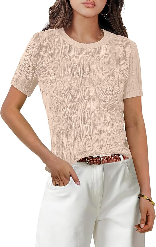 ANRABESS Womens Short Sleeve Sweaters Tops Crewneck Cable Knit Casual Soft Pullover Shirt 2025 Sp... | Amazon (US)