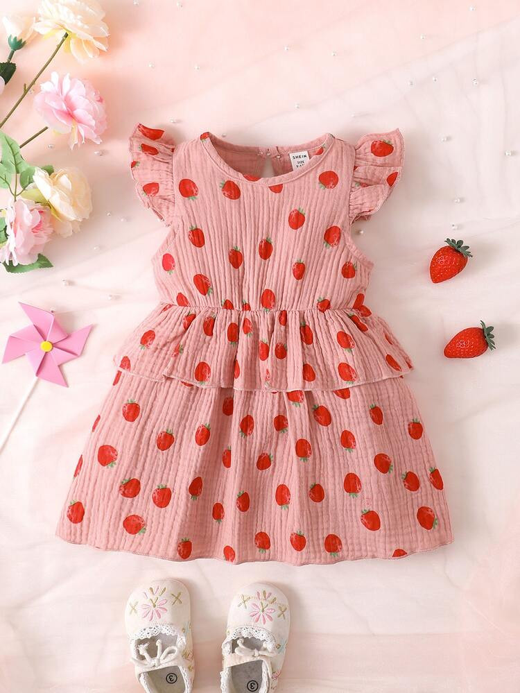 Baby Strawberry Print Ruffle Trim Dress | SHEIN