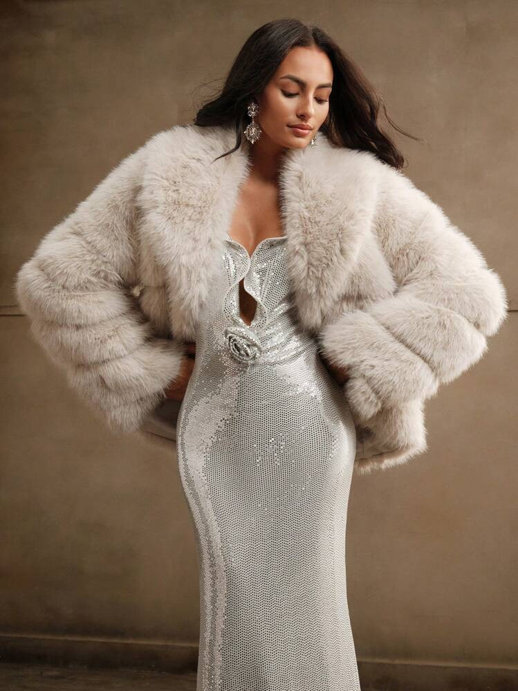 SHEIN X Lucía Bellido Anewsta Women's Elegant Fluffy Collar Short Jacket | SHEIN