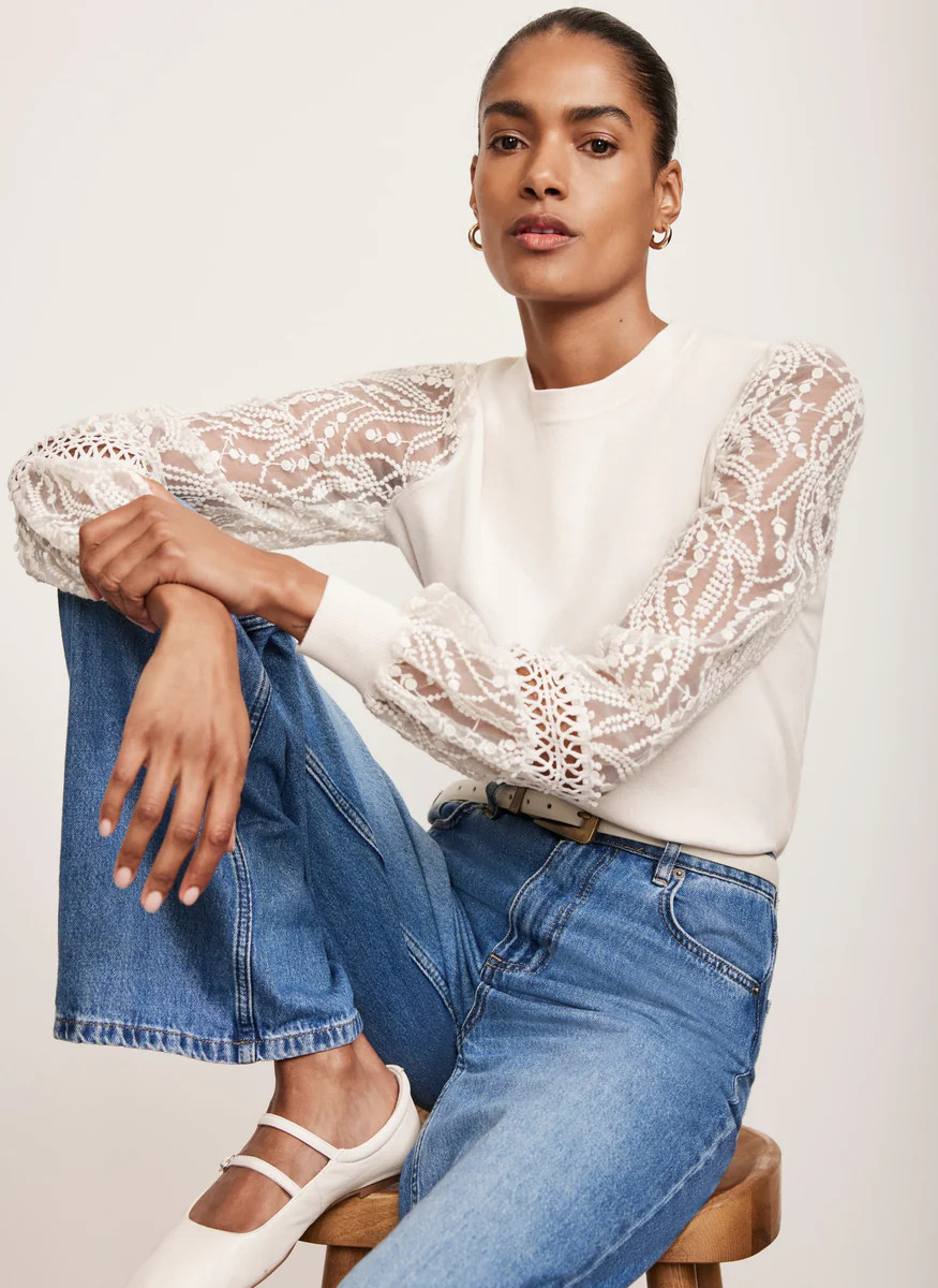 White Embroidered Sleeve Jumper | Mint Velvet (US)