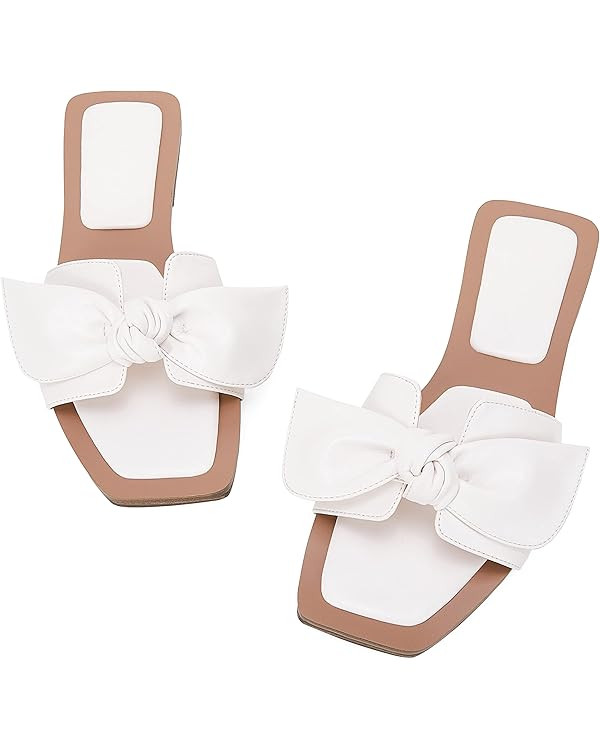 LAICIGO Womens Slip on Bow Sandals Dressy Comfortable Flat Sandals Square Toe Summer Slides | Amazon (US)
