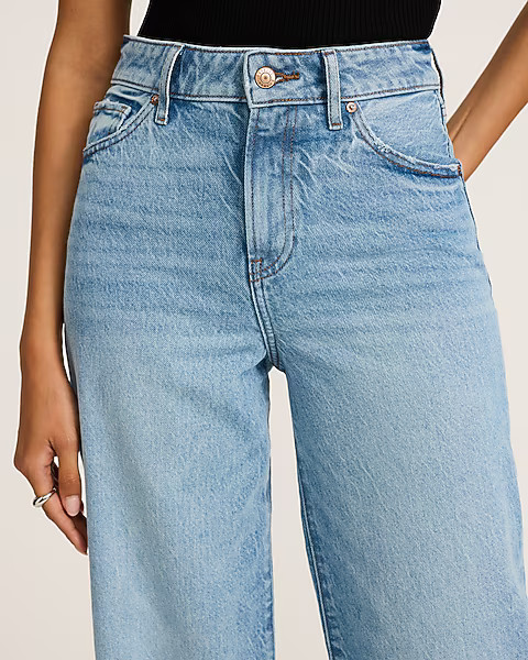 High Waisted Light Wash Raw Hem 50/50 Rigid Stretch Wide Leg Jeans | Express