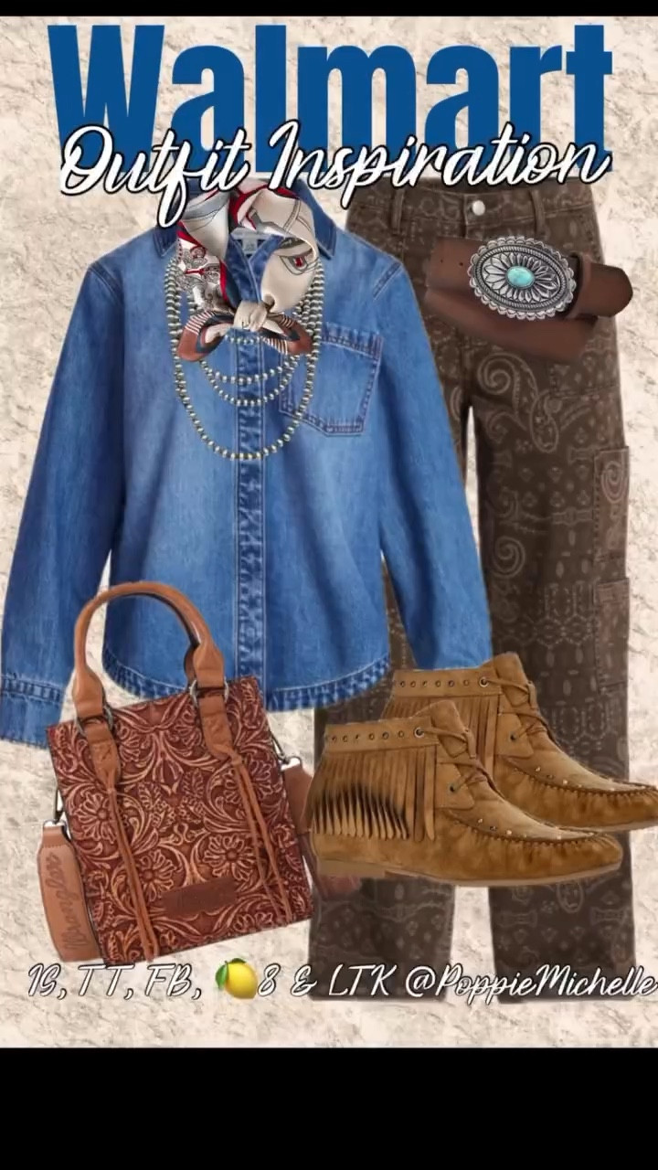 Viral $17 Walmart cargo pants Restocked and 3 new prints. This chocolate brown bandanna print cargo pants , long sleeve button up denim shirt, faux leather moccasin fringe booties, wild rag and tooled leather purse is the perfect amount of Western flair for my office outfit. 

#walmartfashion #cargopantsoufit #westernfashioninspo #denimshirt #casualoutfitideas