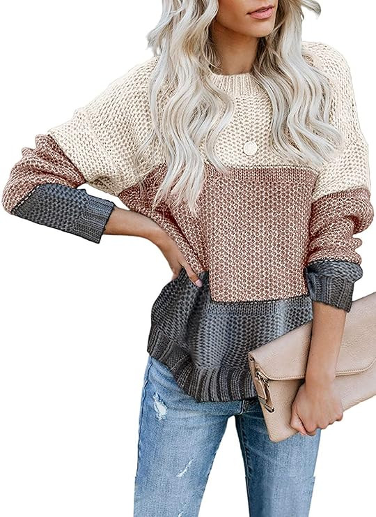 Tiksawon Womens Color Block Striped Oversized Crew Neck Sweaters Pullover Fashion Long Sleeve Loo... | Amazon (US)