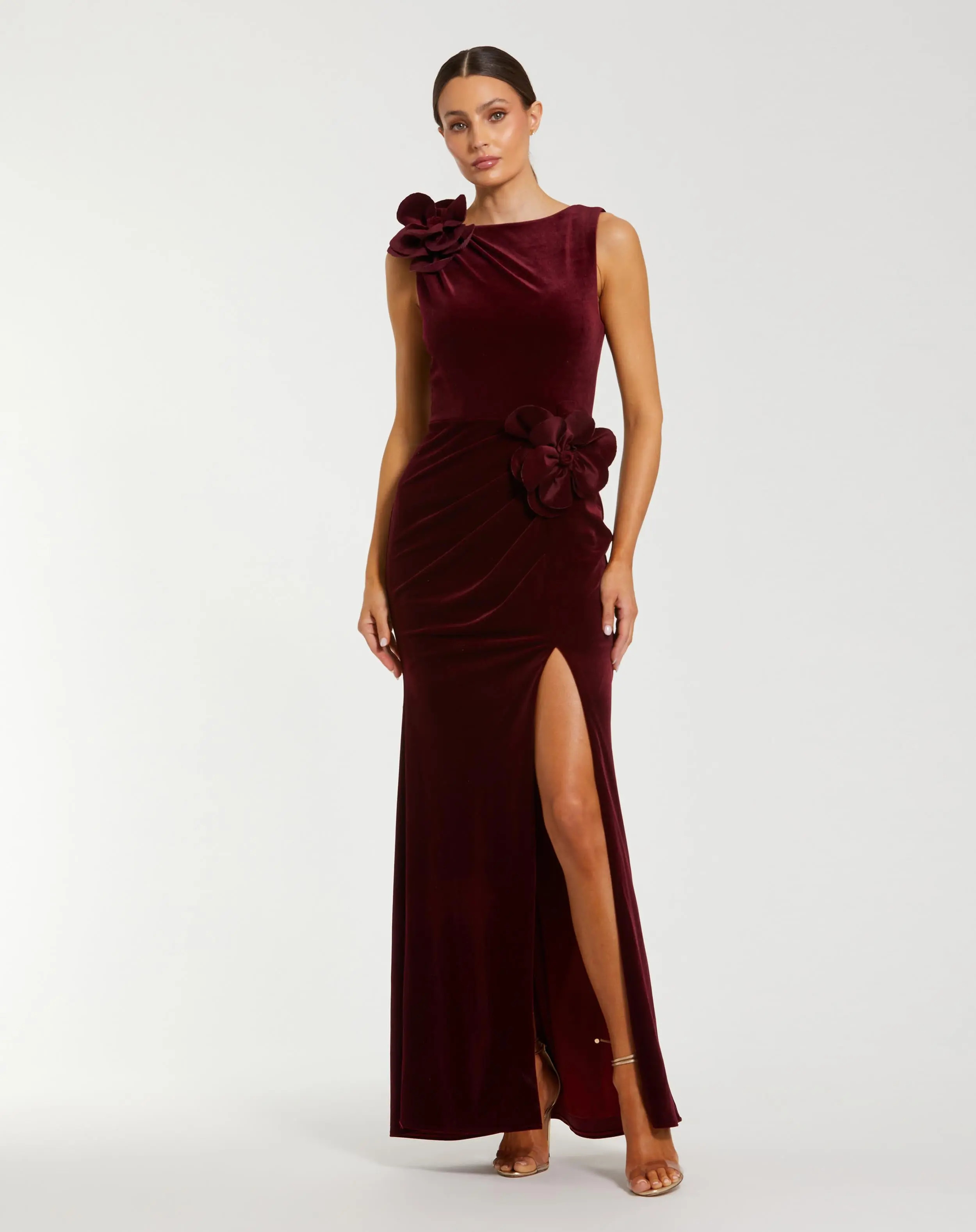 Dark Red High Neck Velvet Column Gown With 3D Flowers | Mac Duggal | Mac Duggal