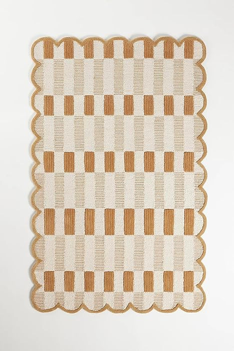 Hand-Tufted Wool Area Rug with Scalloped Edges, Neutral Beige Plaid Pattern, Cozy Soft Accent Rug... | Amazon (US)