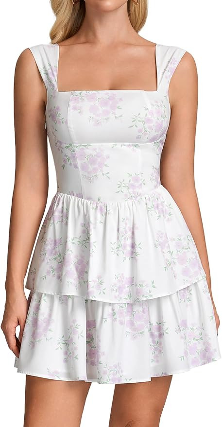 Parthea Floral Square Neck Graduation Mini Dress Tiered Ruffle A Line Tie Bow Party Short Dresses... | Amazon (US)