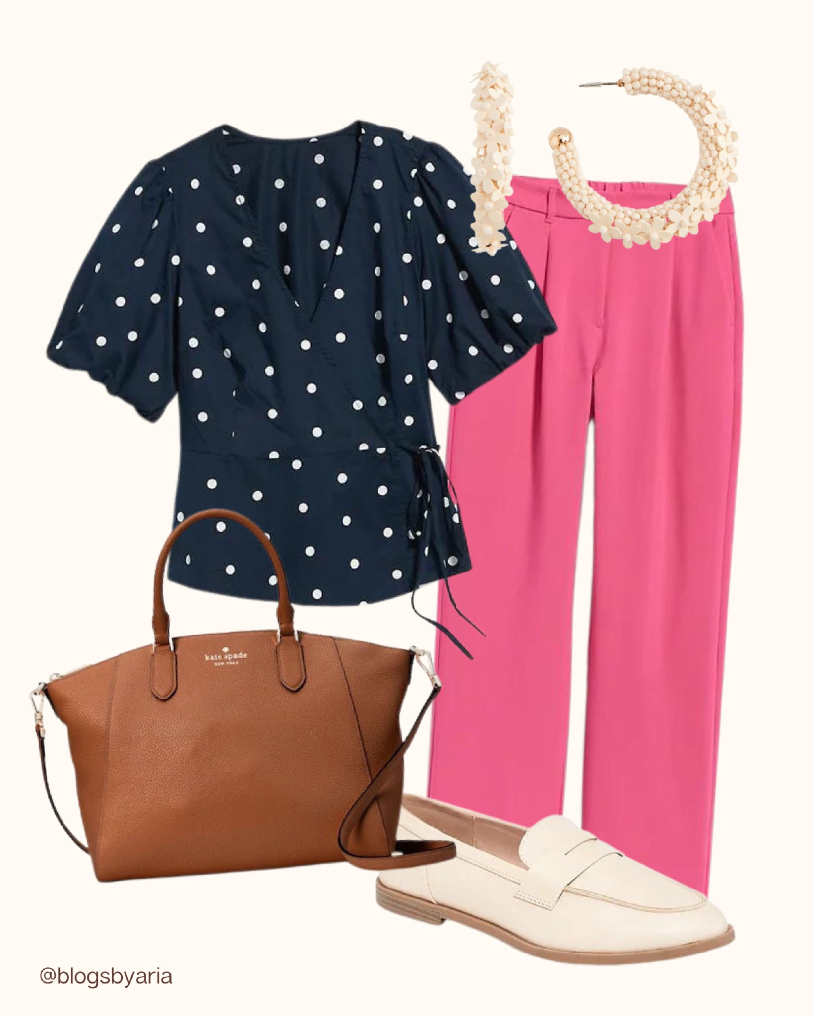 Spring workwear outfit idea. Spring outfit. Work outfit. Office outfit. Polka dot wrap blouse. Wide leg pants. Straight leg pants. Spring loaders. Work tote bag  

#LTKstyletip #LTKSeasonal #LTKworkwear
