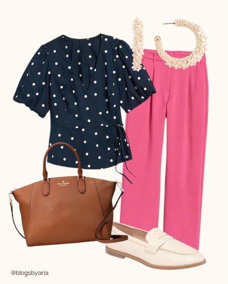 Spring workwear outfit idea. Spring outfit. Work outfit. Office outfit. Polka dot wrap blouse. Wide leg pants. Straight leg pants. Spring loaders. Work tote bag  

#LTKstyletip #LTKSeasonal #LTKworkwear