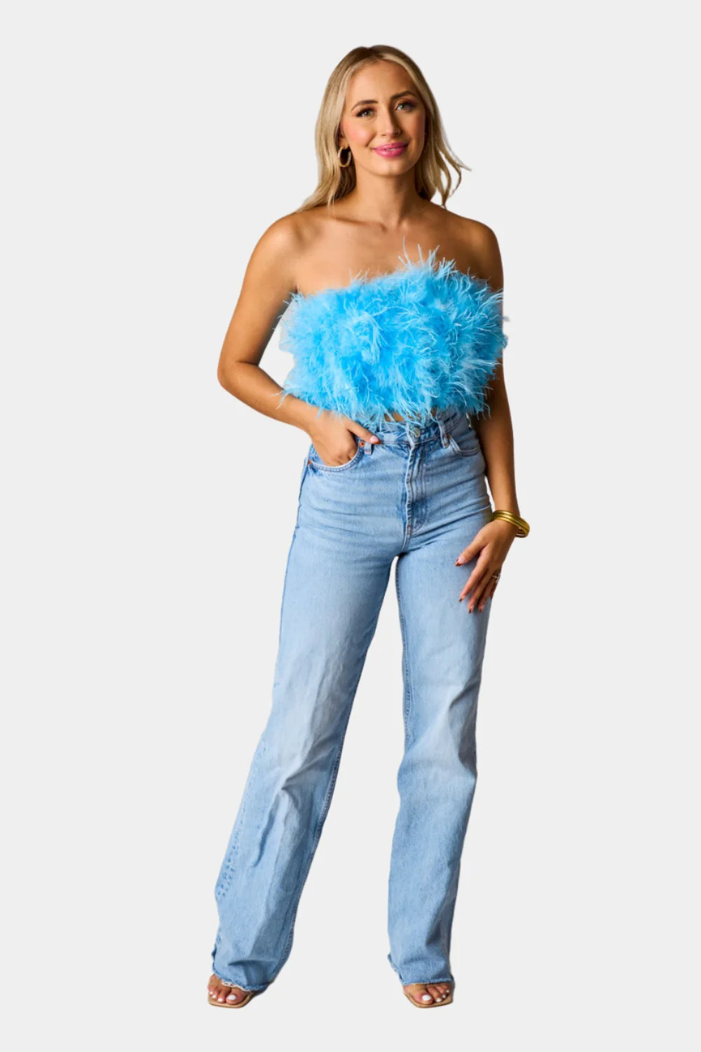 BuddyLove | Fancy Strapless Feather Crop Top | Azure Blue | BuddyLove