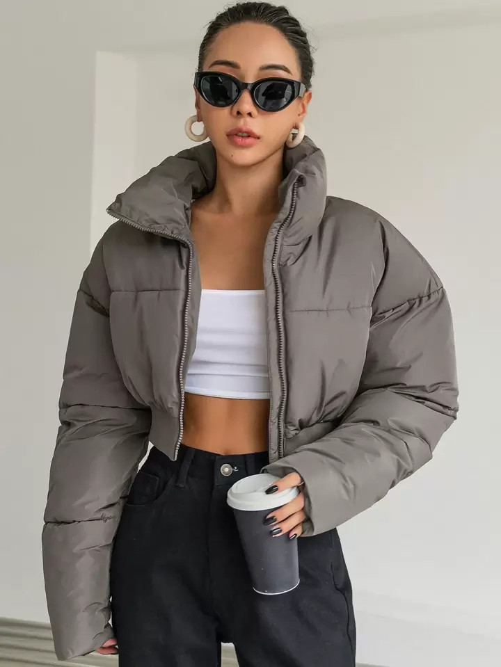 DAZY Drop Shoulder Zipper Crop Puffer Thick Pockets Coat | SHEIN USA | SHEIN
