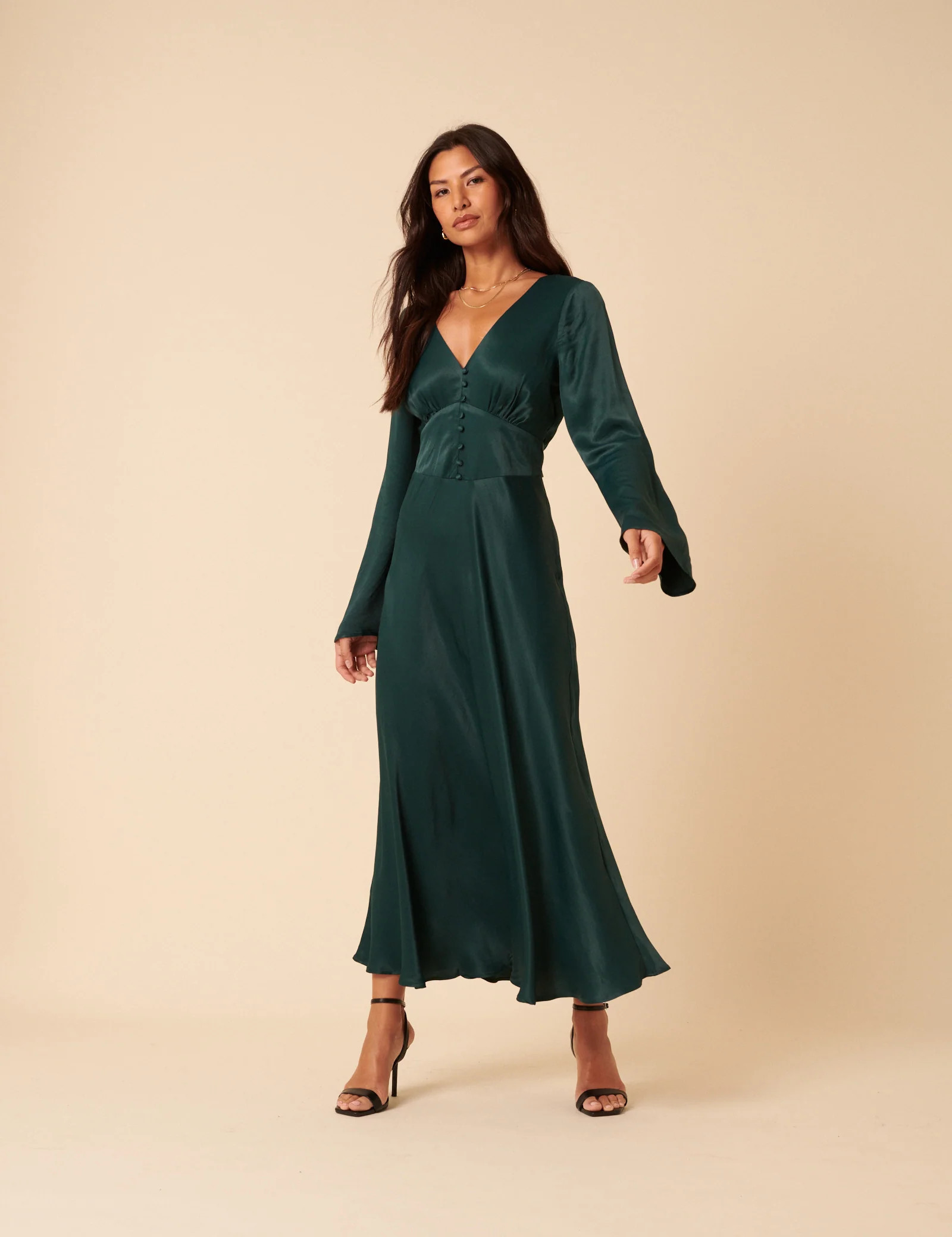 Forest Green Satin Long Sleeve Stella Midi Dress | Nobody's Child