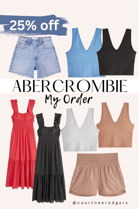 Abercrombie My Order // 25% off with code: AFLTK (activewear is already 15% off + the extra 25% off) 👏🏻 

Sizes:
-Denim shorts / light wash (27/4)
-Dresses (size small)
-Tanks (ordered small and medium to compare)
-Active shorts (size small)

Abercrombie, Athleisure, fitness, dresses, LTK sale, Easter dresses, maxi dresses, workout outfits 

#LTKfit #LTKsalealert #LTKSeasonal