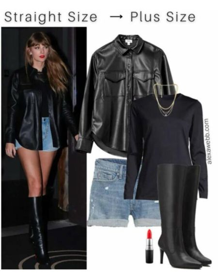 Straight Size to Plus Size - Taylor Swift Outfit - A plus size outfit idea with a black faux leather shacket, black t-shirt, denim shorts, and knee high wide calf boots. Alexa Webb

#LTKplussize #LTKstyletip #LTKshoecrush