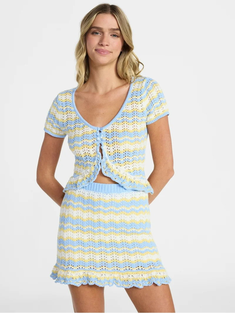 Color Sky Combo selectedNo Boundaries Ruffle Pointelle Cardigan and Skirt Set, 2-Piece, Women’s... | Walmart (US)