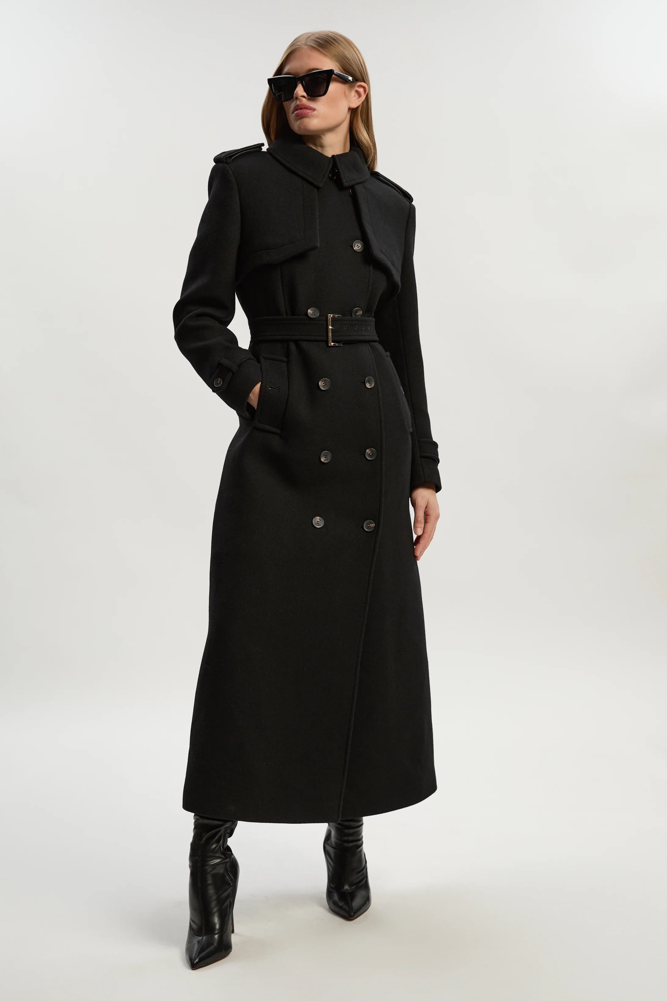 Wool Pu Mix Tailored Belted Trench Maxi Coat | Karen Millen UK + IE + DE + NL