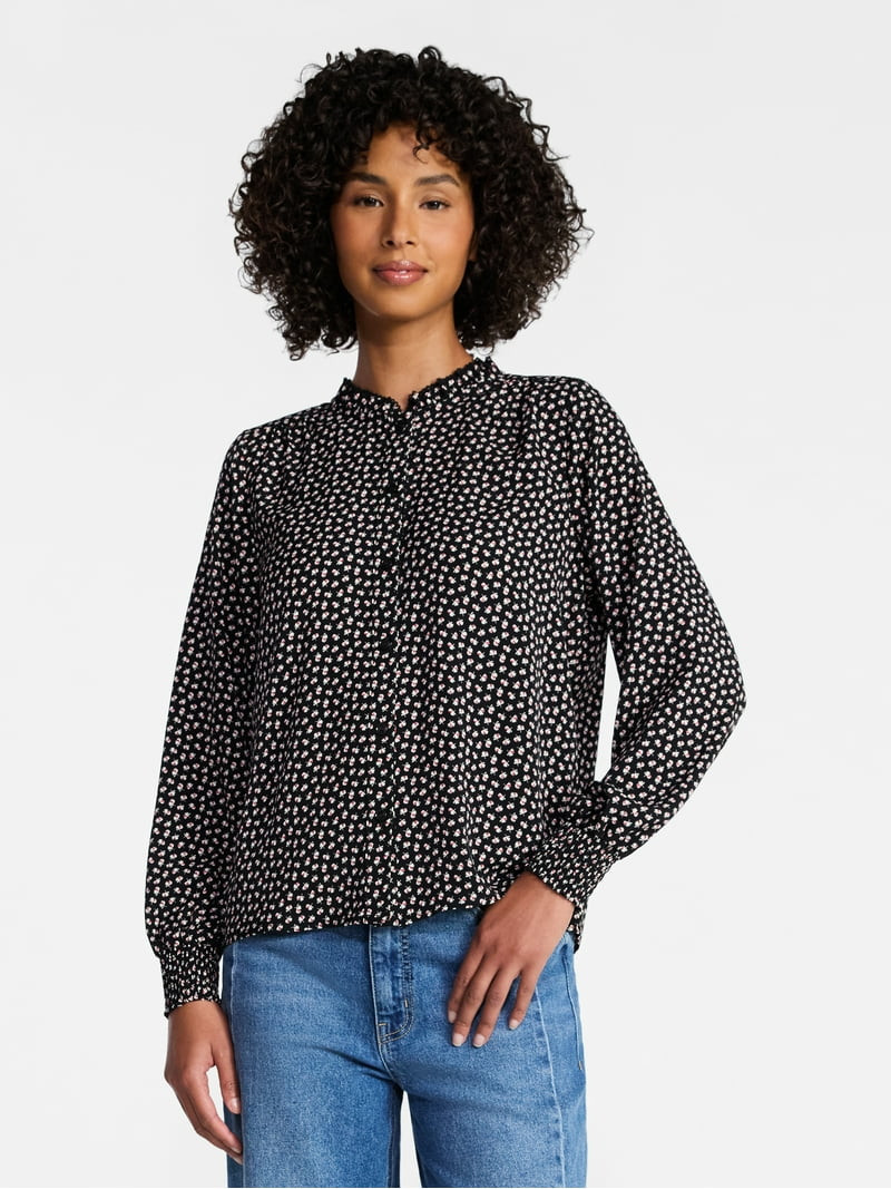 Time and Tru Women's Ruffle Button Down Blouse with Long Sleeves, Sizes XS-XXXL | Walmart (US)