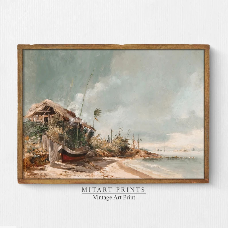 Vintage Tropical Painting, Antique Coastal Seaside Painting, Seascape Print, Beach Wall Art, Beac... | Etsy (US)