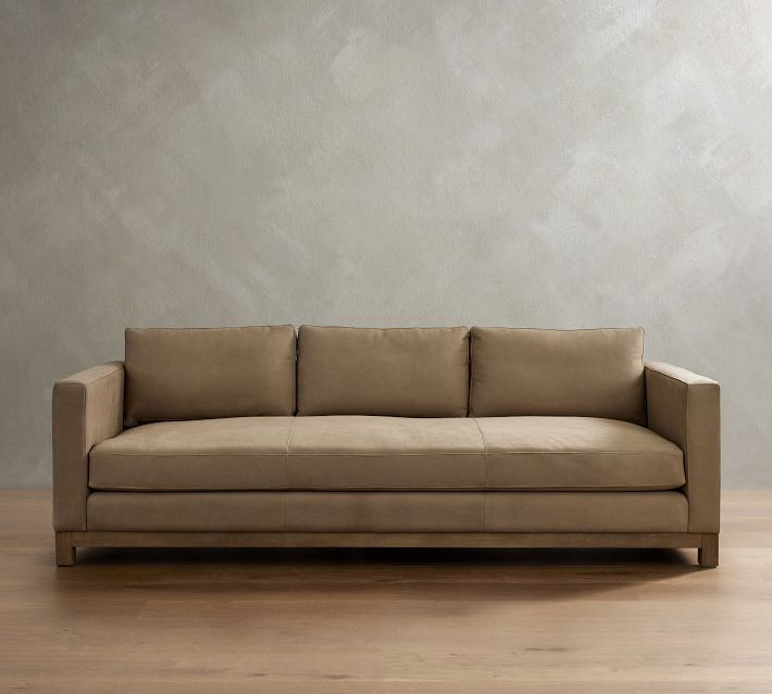 Jake Leather Sofa with Wood Base, Down Blend Wrapped Cushions, Gravel Graphite | Pottery Barn (US)