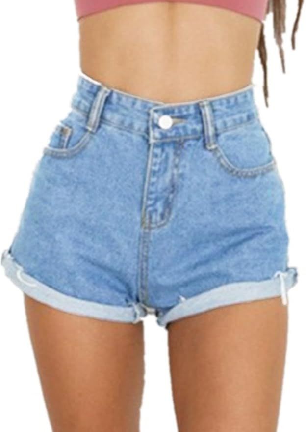 Haola Women's Juniors Vintage Denim High Waisted Folded Hem Jeans Shorts | Amazon (US)