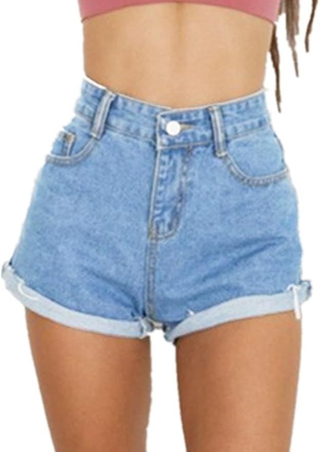 Haola Women's Juniors Vintage Denim High Waisted Folded Hem Jeans Shorts | Amazon (US)
