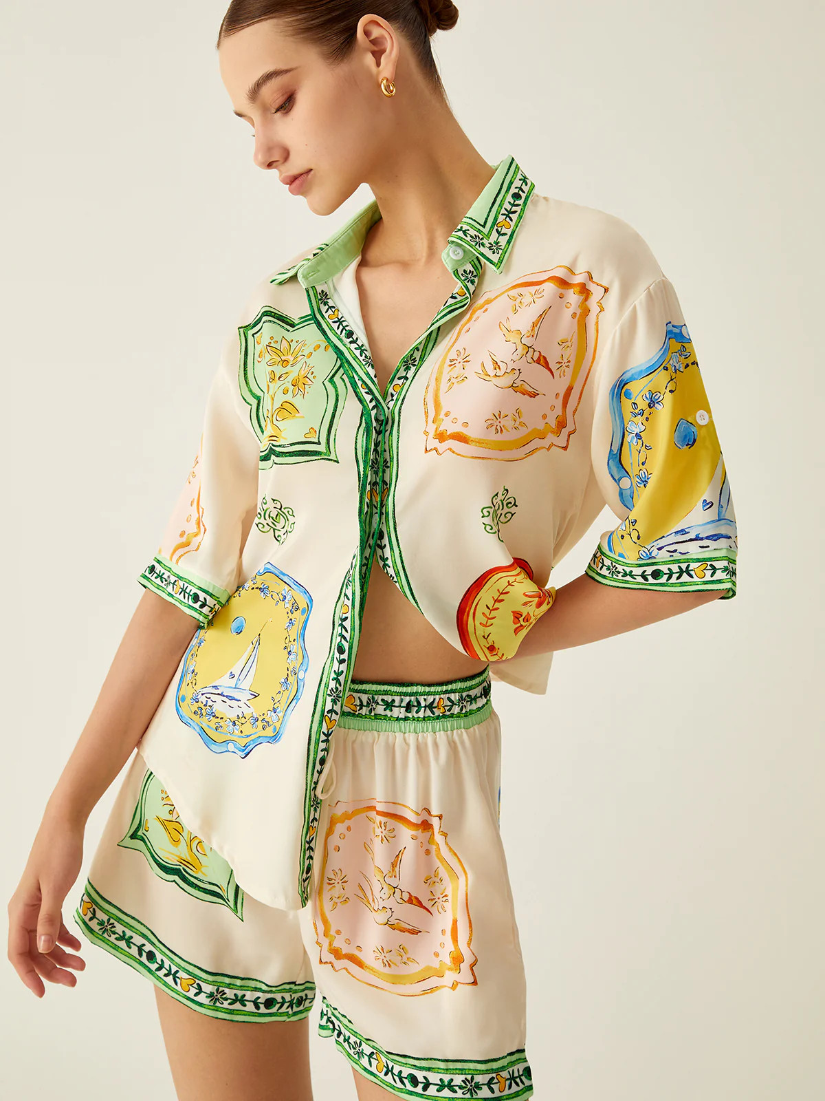 Loosen Printed Satin Shorts Set | Commense