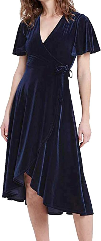 Womens Velvet Pleated Wrap Tie Waist Elegant Flowy Party Plus Size Midi Dresses | Amazon (US)