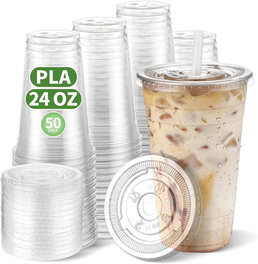 24 OZ Compostable Clear Plastic Cups Disposable Iced Coffee Cups with Flat Lids, Biodegradable Co... | Amazon (US)