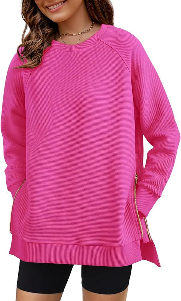 SimpleFun Womens Sweatshirts Crewneck Oversized Soft Pullover with Side Zipper Long Sleeve Sweats... | Amazon (US)