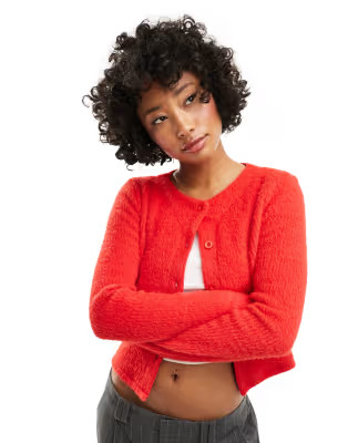 ASOS DESIGN slim fit fluffy cardigan in red | ASOS (Global)