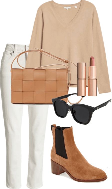 Capsule wardrobe pieces for fall!  Camel sweater, white jeans, tan bag, Chelsea boots, black sunglasses and Charlotte Tilbury sunglasses

#LTKSeasonal #LTKitbag #LTKstyletip